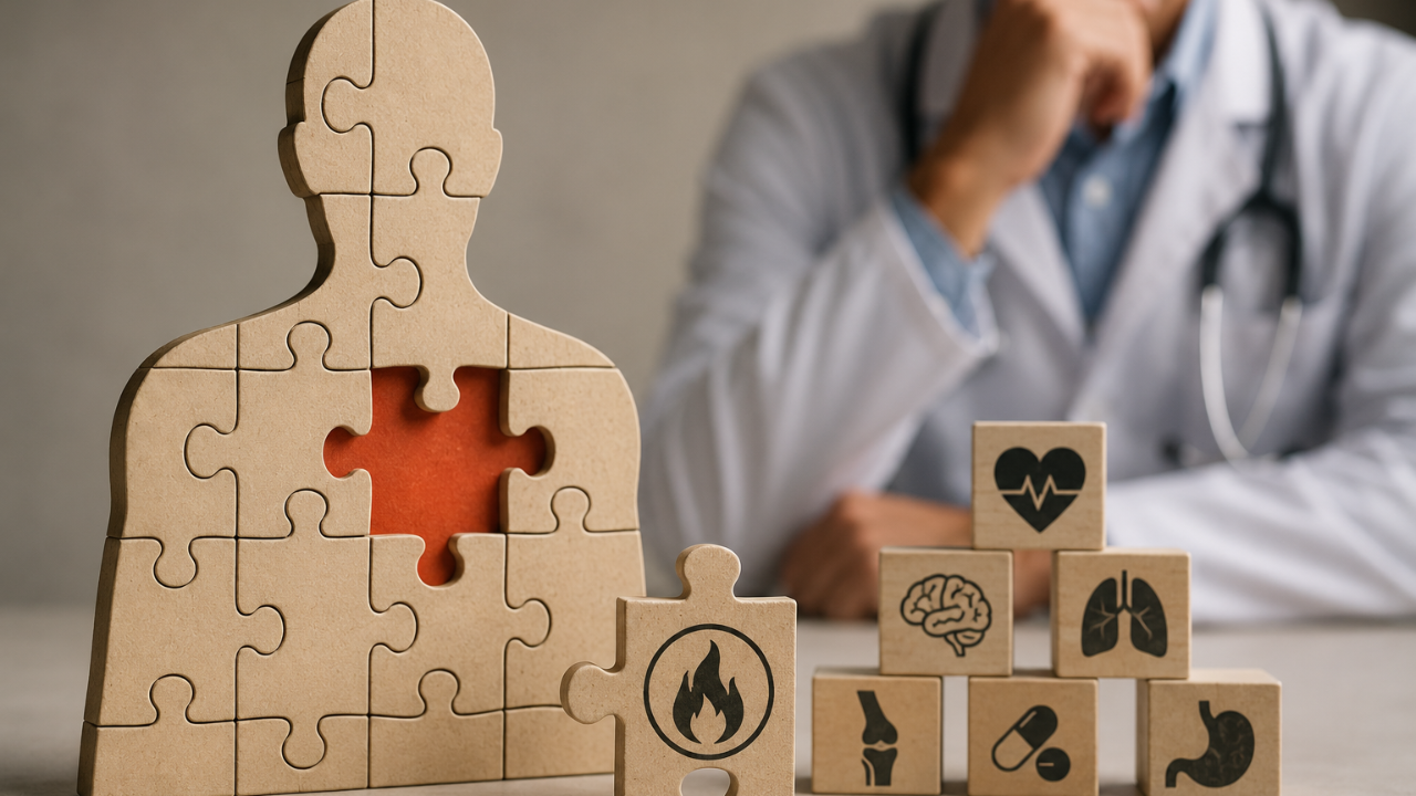 physician sitting at a table with a puzzle on the table missing a piece
