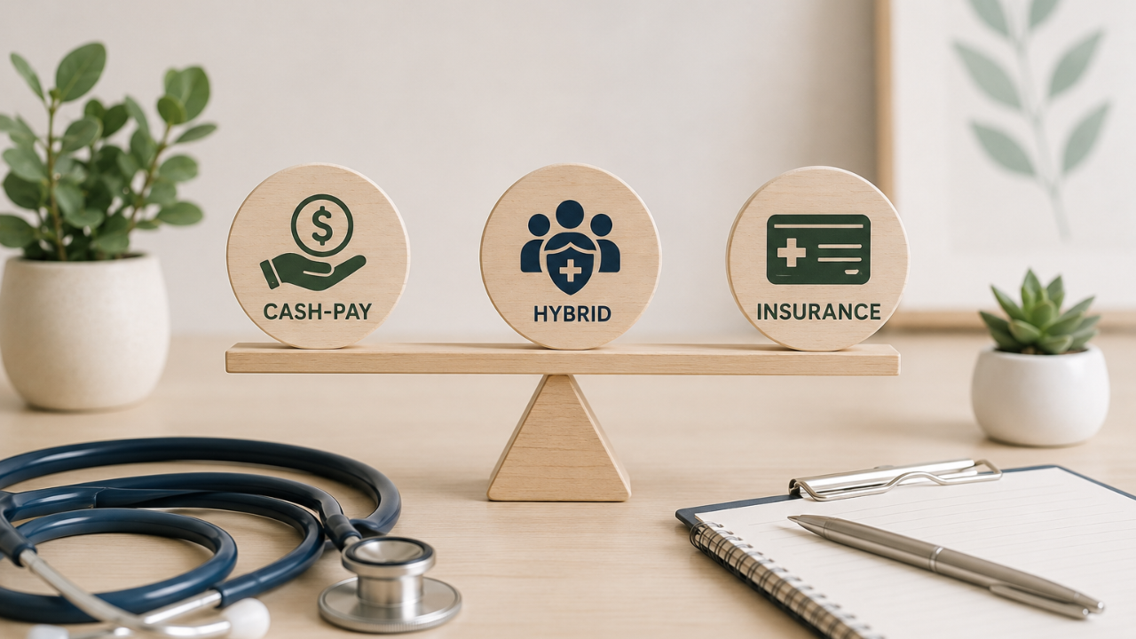 desk with a scale with cash-pay vs hybrid vs insurance, stethoscope, notepad with pen, and a plant