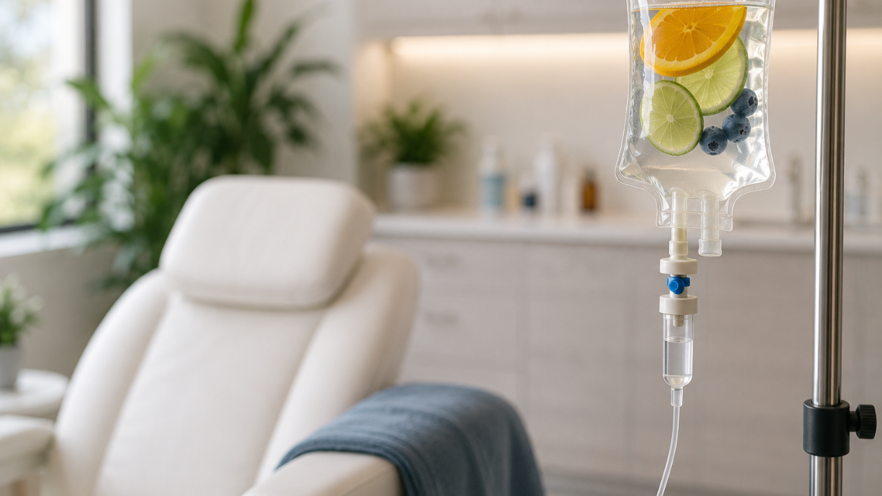 white chair next to an IV pole with an IV bag hanging on the pole 