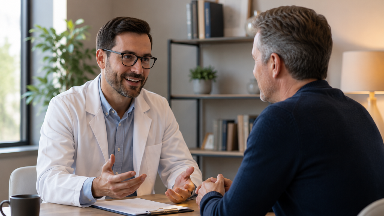 male provider talking to a male patient at a desk