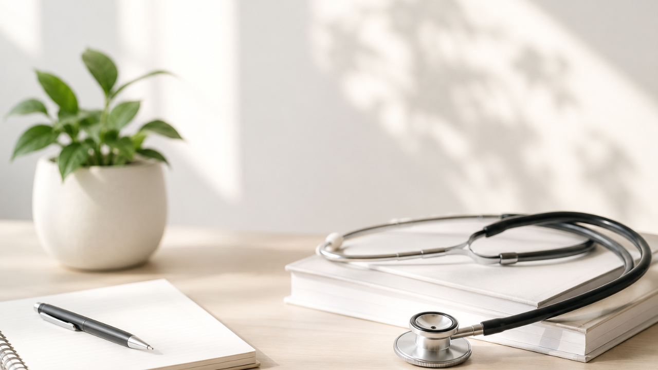 desk with a notepad and pen along with a stethoscope on a book