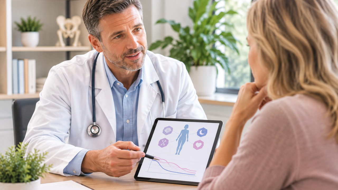 male provider educating a female patient with an ipad sitting at a desk