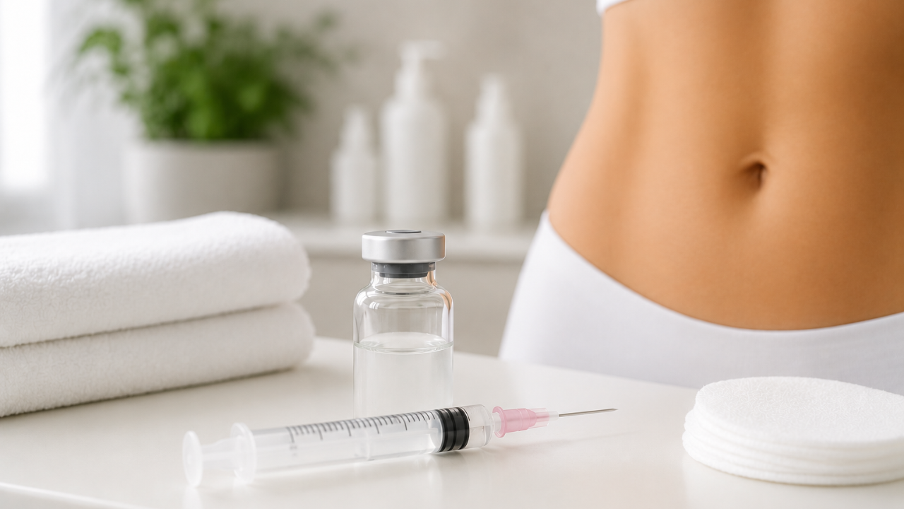a person standing with a bare stomach with vial and syringe with needle on counter