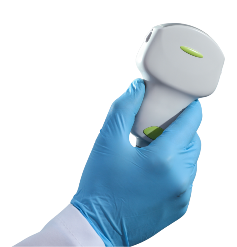 Gloved hand holding ultrasound machine