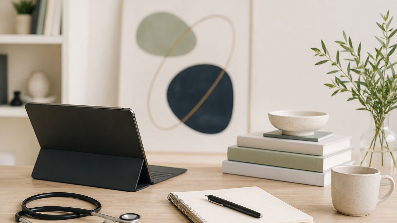 desk with an ipad, stethoscope, note pad, books, and a plant