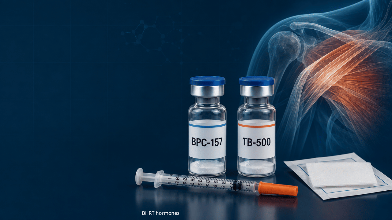 BPC-157 and TB-500 peptide vials with a syringe and shoulder tissue illustration.