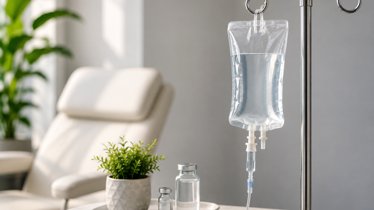 IV bag hanging from an IV pole with 2 glass vials on a plate with a plant on a table with a white chair