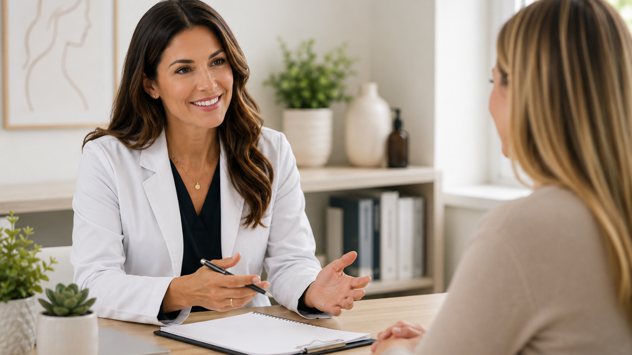 female provider counseling a female at a desk in an office