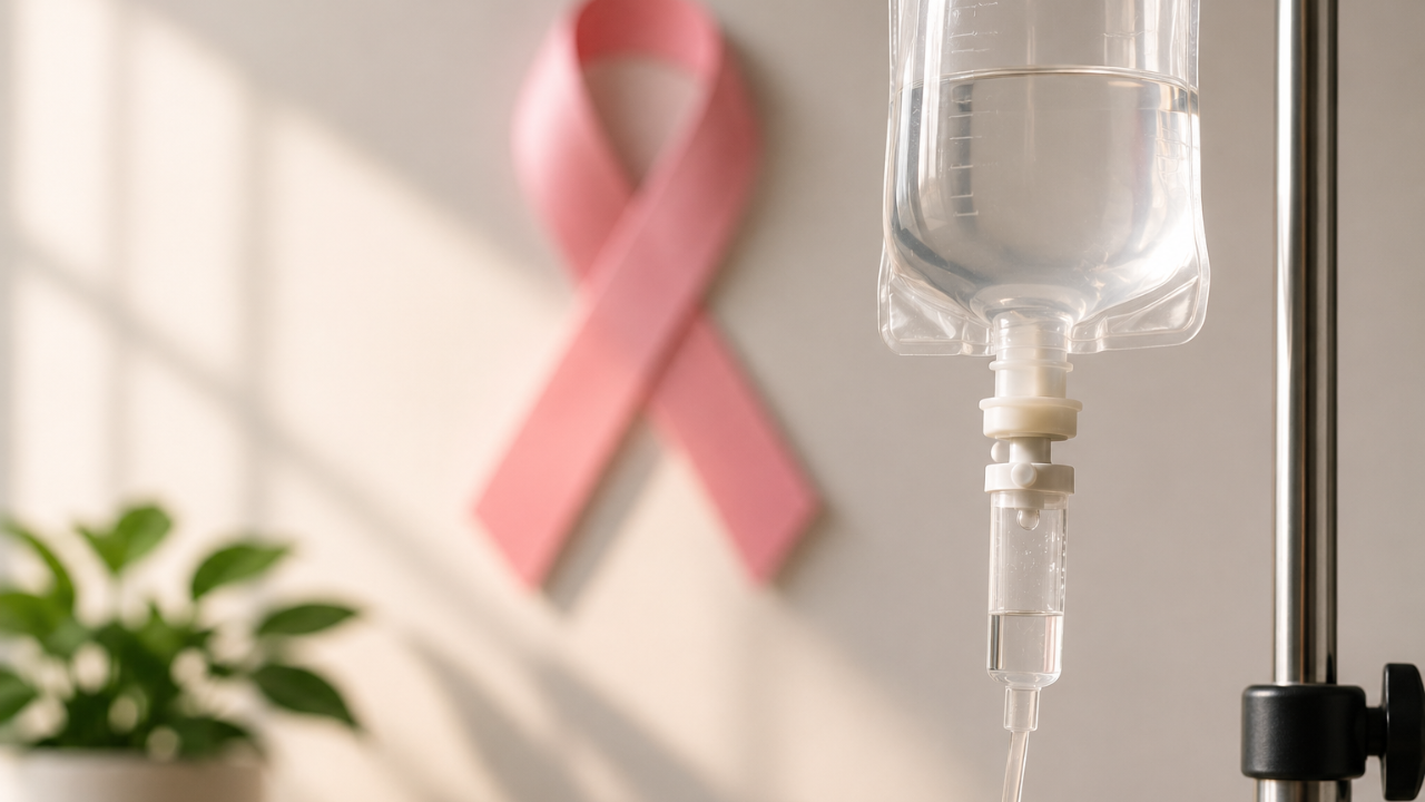 IV bag hanging with a pink ribbon on the wall behind it
