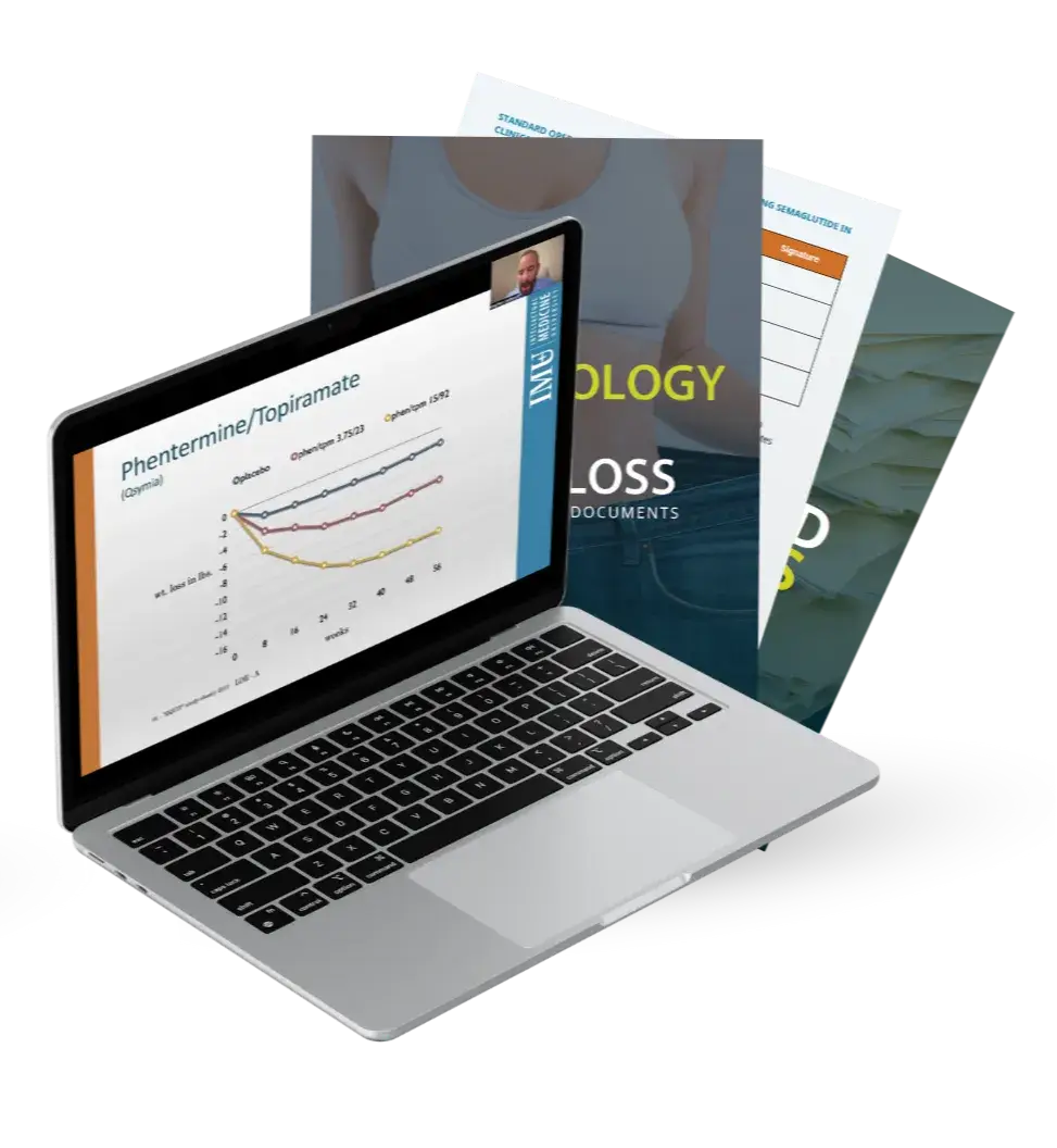 Laptop and document preview from the Weight Loss Pharmacology Certification