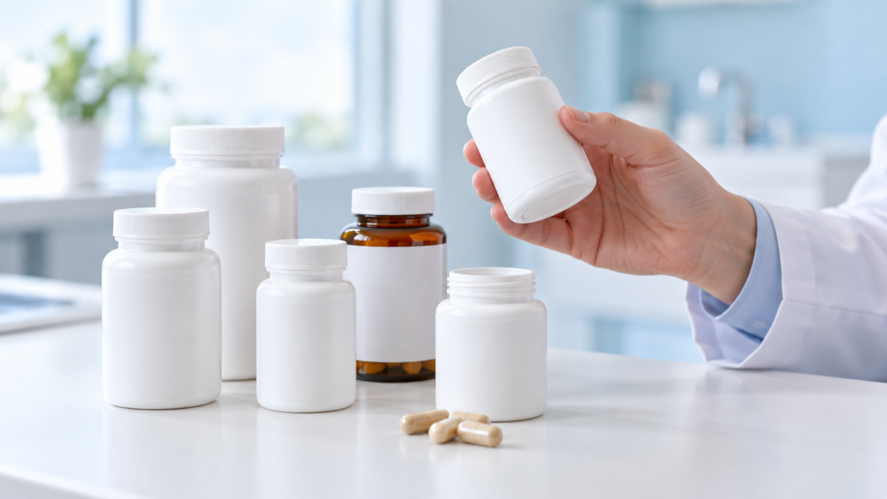 bottles of supplements on a table with some supplements on the table