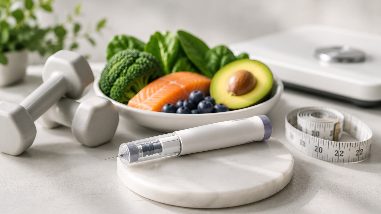 GLP injection pen on a counter with a bowl of food and a measuring tape