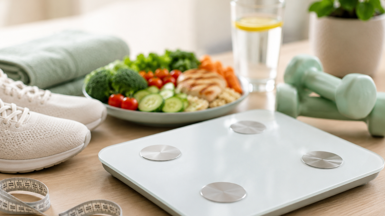 table with a scale, shoes, plate of healthy food, glass of water, and dumbbells