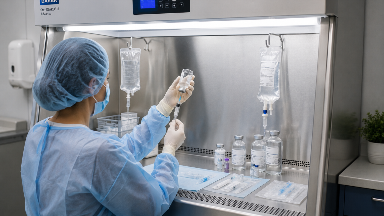 healthcare worker in a gown mixing an IV in an IV hood
