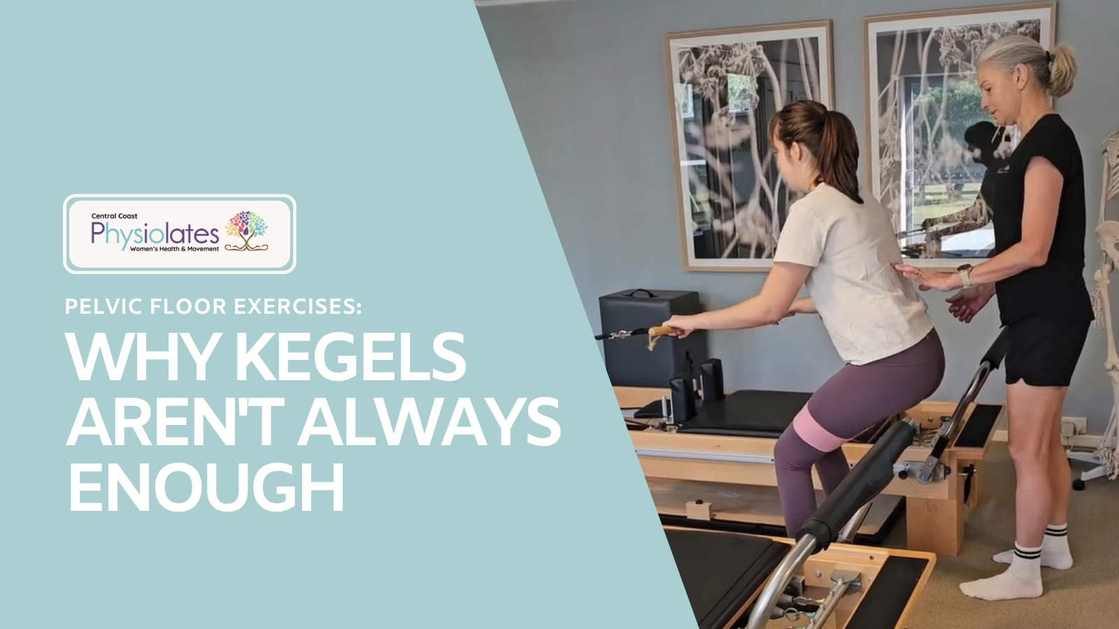 Physiotherapist guiding a woman through a standing pelvic floor exercise on a Pilates reformer at Physiolates Holgate Central Coast NSW