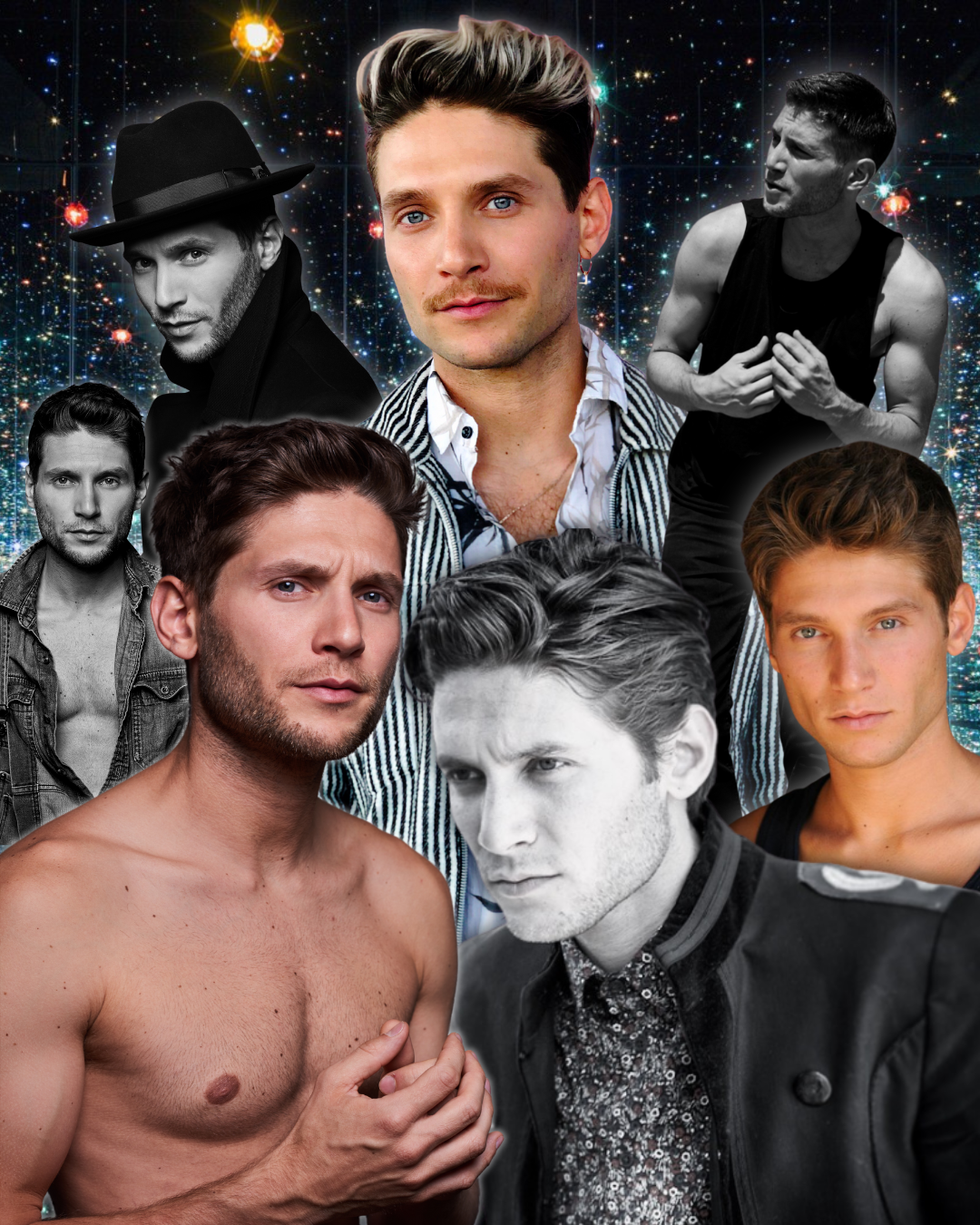 A collage of Alessandro's headshots and personas from his acting years