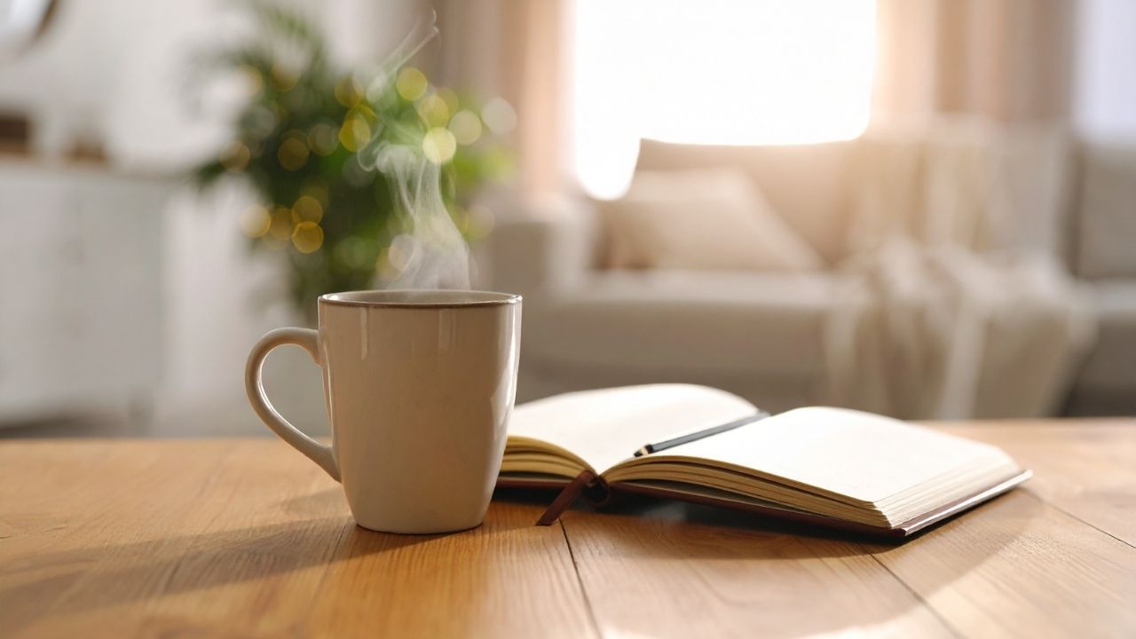 Calm Sunday morning scene with tea and journal, representing a peaceful weekly reset routine for women over 45