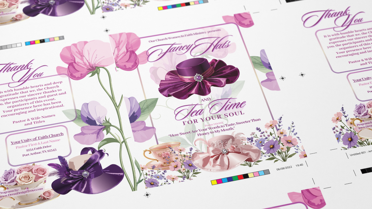 Display of a print sample of a floral women's program design