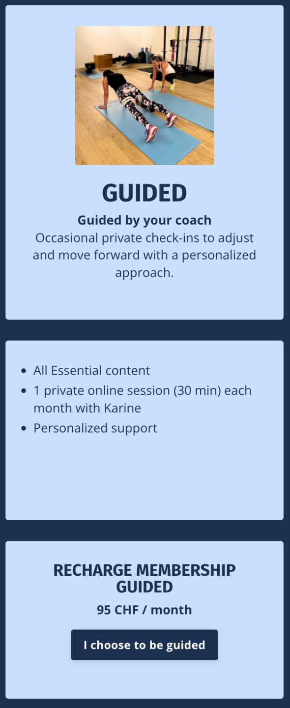 Private coaching session for women over 40 — RECHARGE membership guided fitness support with Karine Fragnière