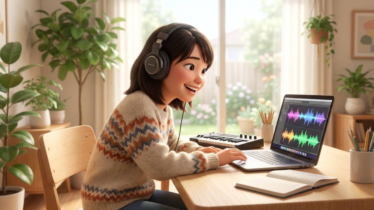 ヘッドホンで音声制作に取り組む人物