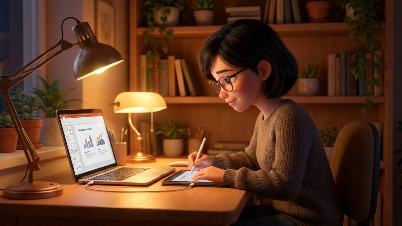 パソコンでプレゼン資料を編集する人物