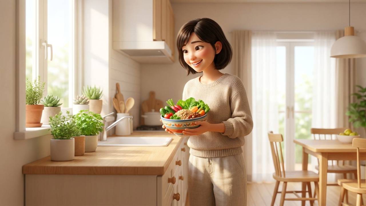 野菜の入った器を手にする人物