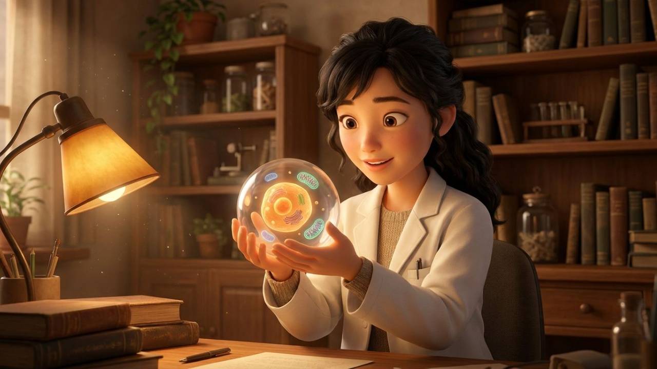 細胞モデルを手にする白衣の人物