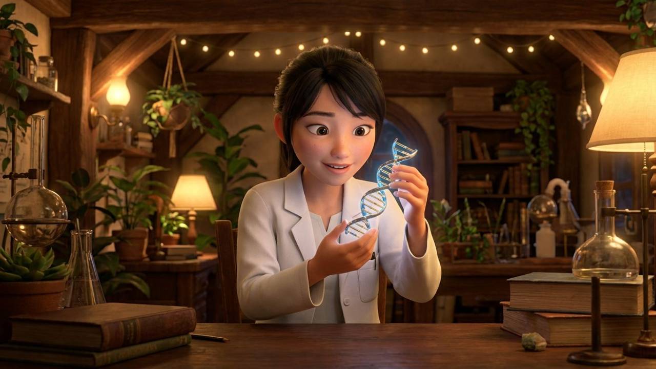 DNAモデルを手にする白衣の人物