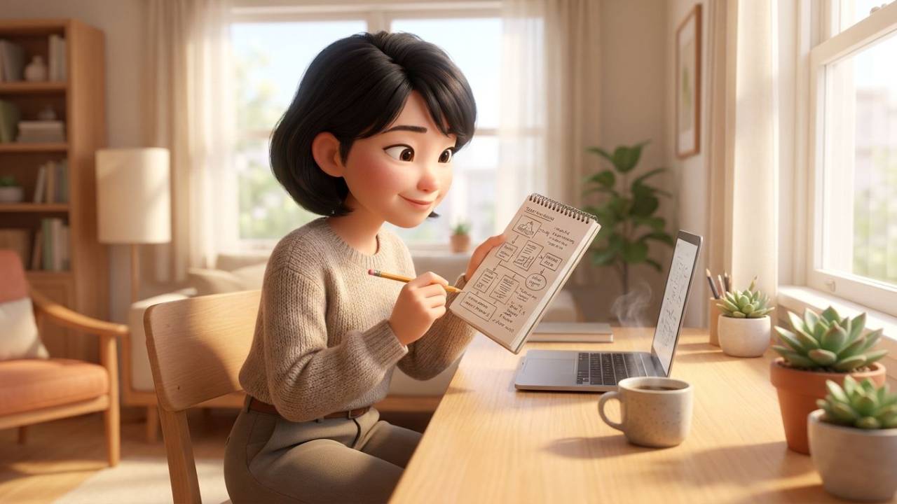 机でノートとパソコンを使い学ぶ人物