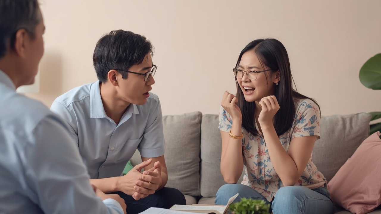 A couple sitting apart on a couch looking disconnected, representing the limitations of couples counselling and the search for better relationship support