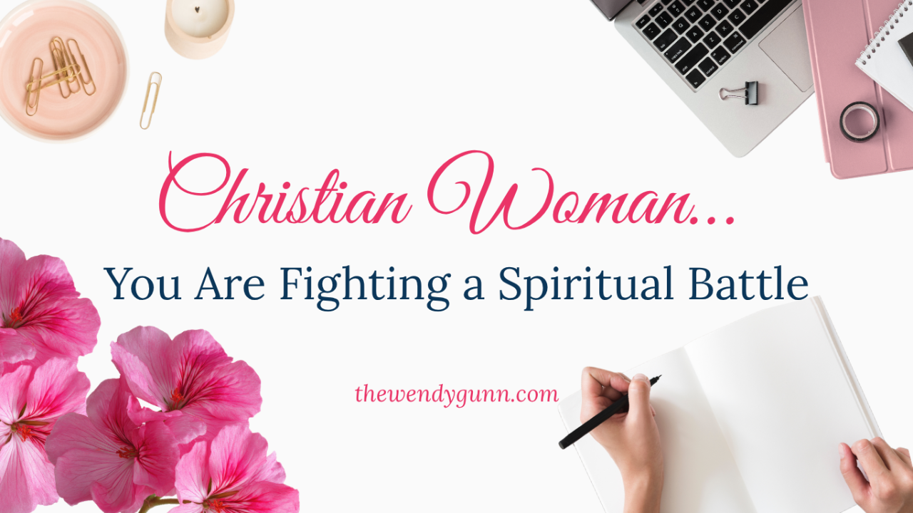 Christian women spiritual warfare blog graphic about exhaustion, faith, burnout, prayer, and spiritual battles with feminine workspace aesthetic and floral design.