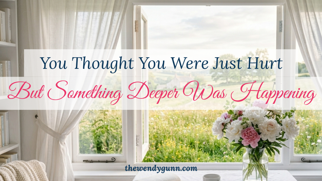 A peaceful feminine graphic titled “You Thought You Were Just Hurt But Something Deeper Was Happening,” featuring soft curtains, an open window, and fresh flowers to symbolize emotional healing, surrender, and peace in God.