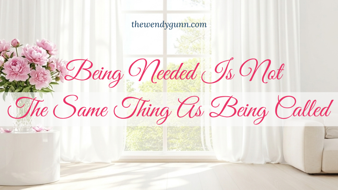 Soft, feminine Christian graphic with the title, “Being Needed Is Not The Same Thing As Being Called,” set in an airy white room with pink peonies, conveying peace and God's purpose.