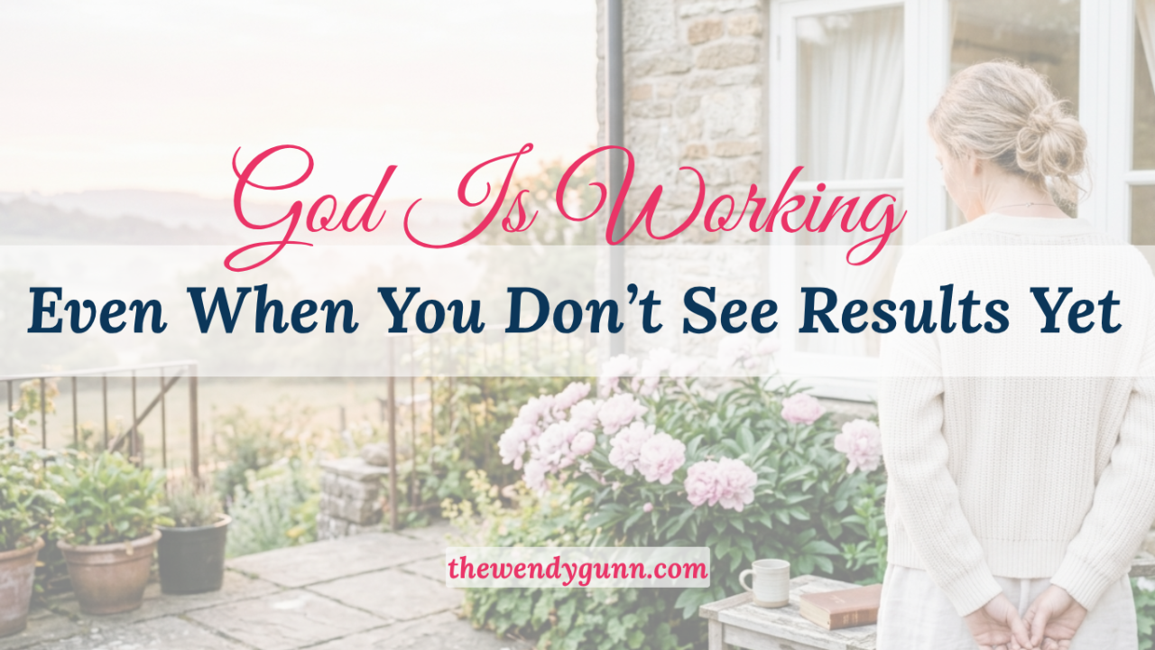 "God Is Working Even When You Don't See Results Yet," showing a woman overlooking a peaceful garden, symbolizing quiet trust, hope, and God's unseen work during seasons of waiting.