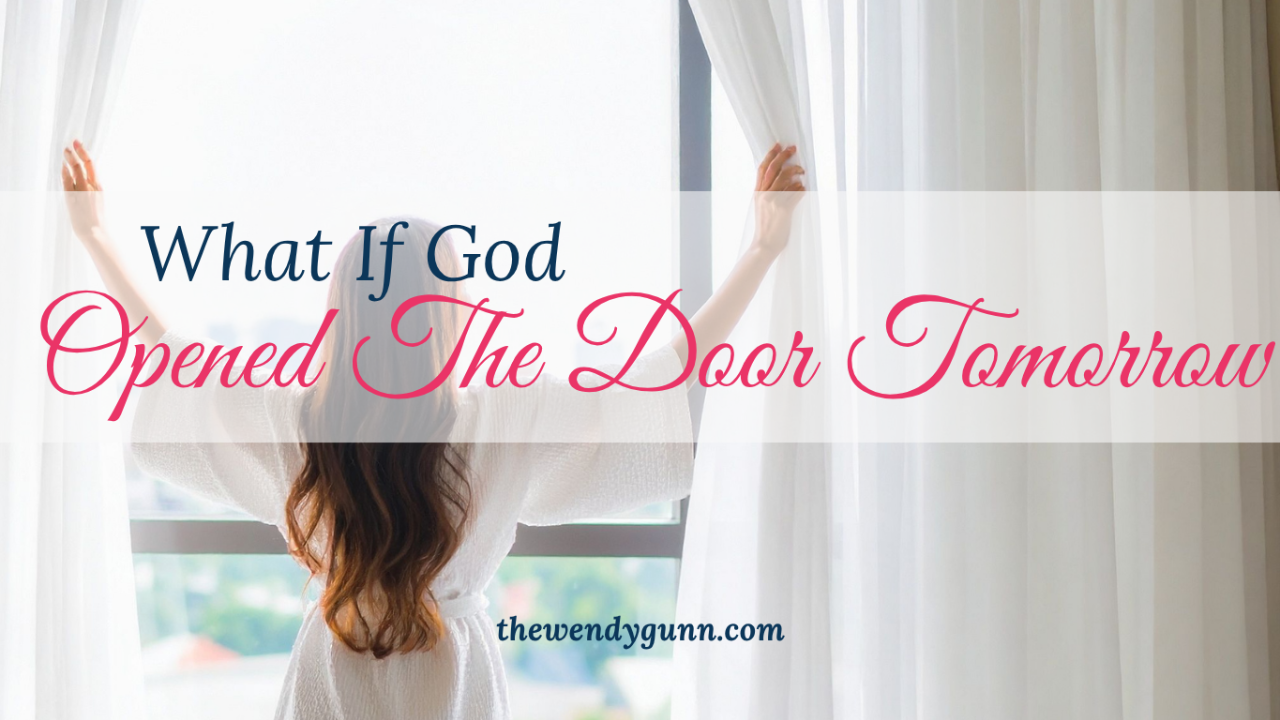 Christian woman looking thoughtfully toward an open doorway, symbolizing faith, preparation, waiting on God's timing, answered prayer, and being ready for God's purpose and opportunities.