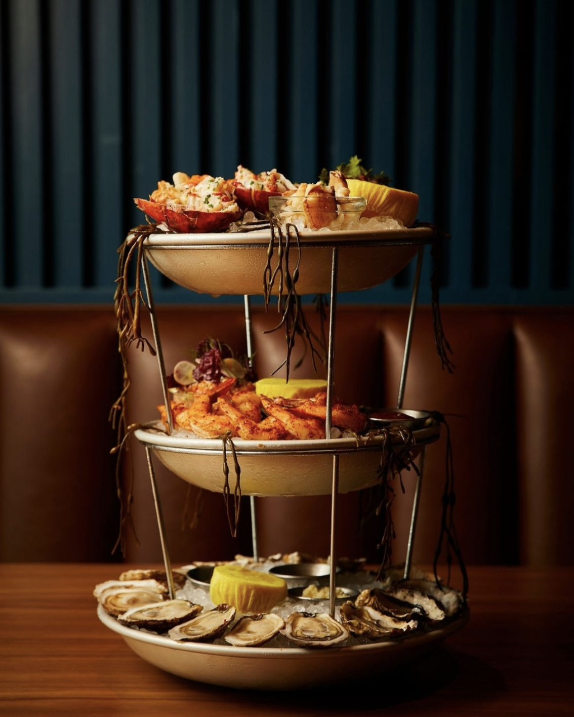 Three tiered seafood tower at Rare Society Santa Barbara