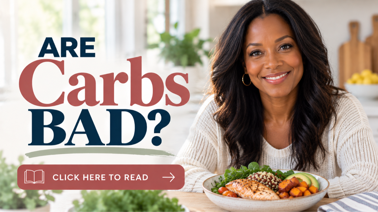 Woman enjoying a balanced meal with healthy carbohydrates while learning about carbs, blood sugar, and weight loss.