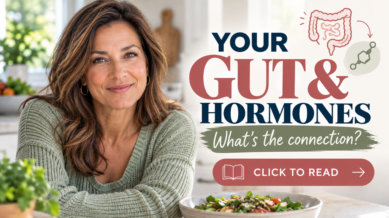Woman in her 40s learning about the connection between gut health, hormones, estrogen metabolism, and digestive symptoms during perimenopause.