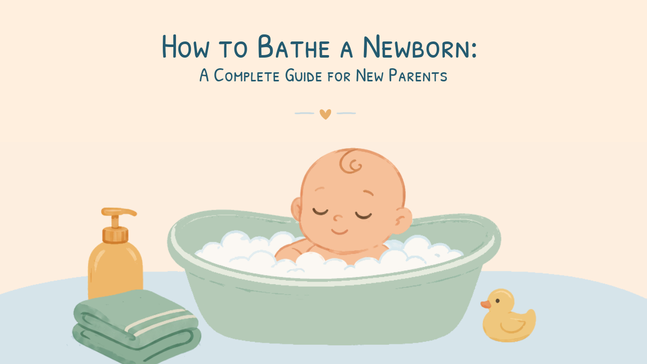 A newborn baby looks calm while taking a bath in newborn tub with baby shampoo, towel, rubber duck laying beside the tub.