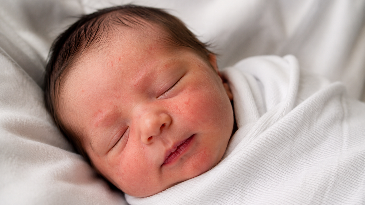 Close-up of a sleeping newborn swaddled in a white blanket, with mild newborn acne and slightly dry, flaky skin visible on the cheeks and forehead. The baby rests peacefully against a soft white background in natural light.