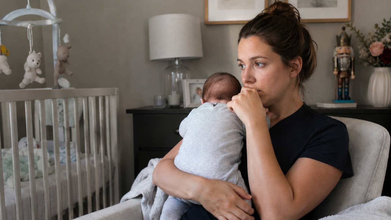 A tired postpartum mother sits in a softly lit nursery, holding her newborn close against her chest while staring off with a worried, distant expression. Though the room appears calm and cozy, her tense posture, furrowed brow, and thoughtful gaze subtly convey high-functioning postpartum anxiety beneath the surface. A crib and neutral nursery décor are visible in the background, adding to the intimate, realistic atmosphere.
