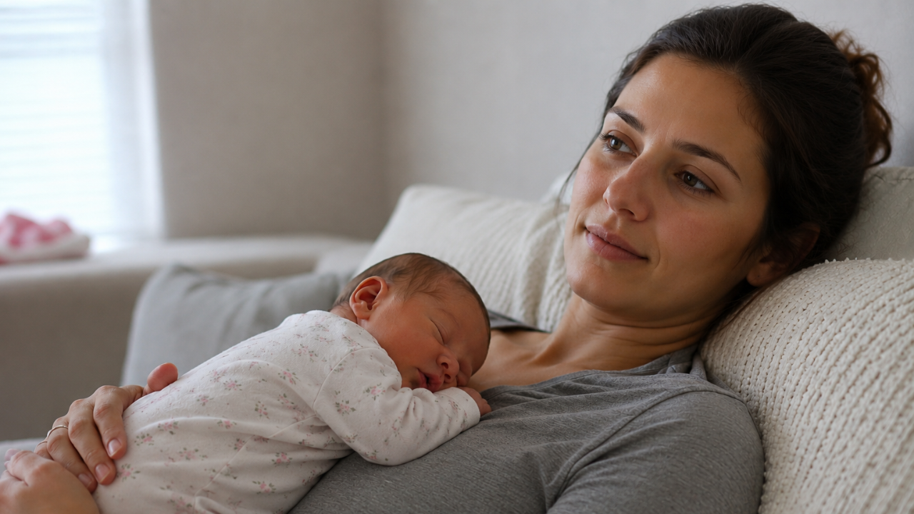A new mother resting peacefully with her newborn baby in a calm, softly lit room