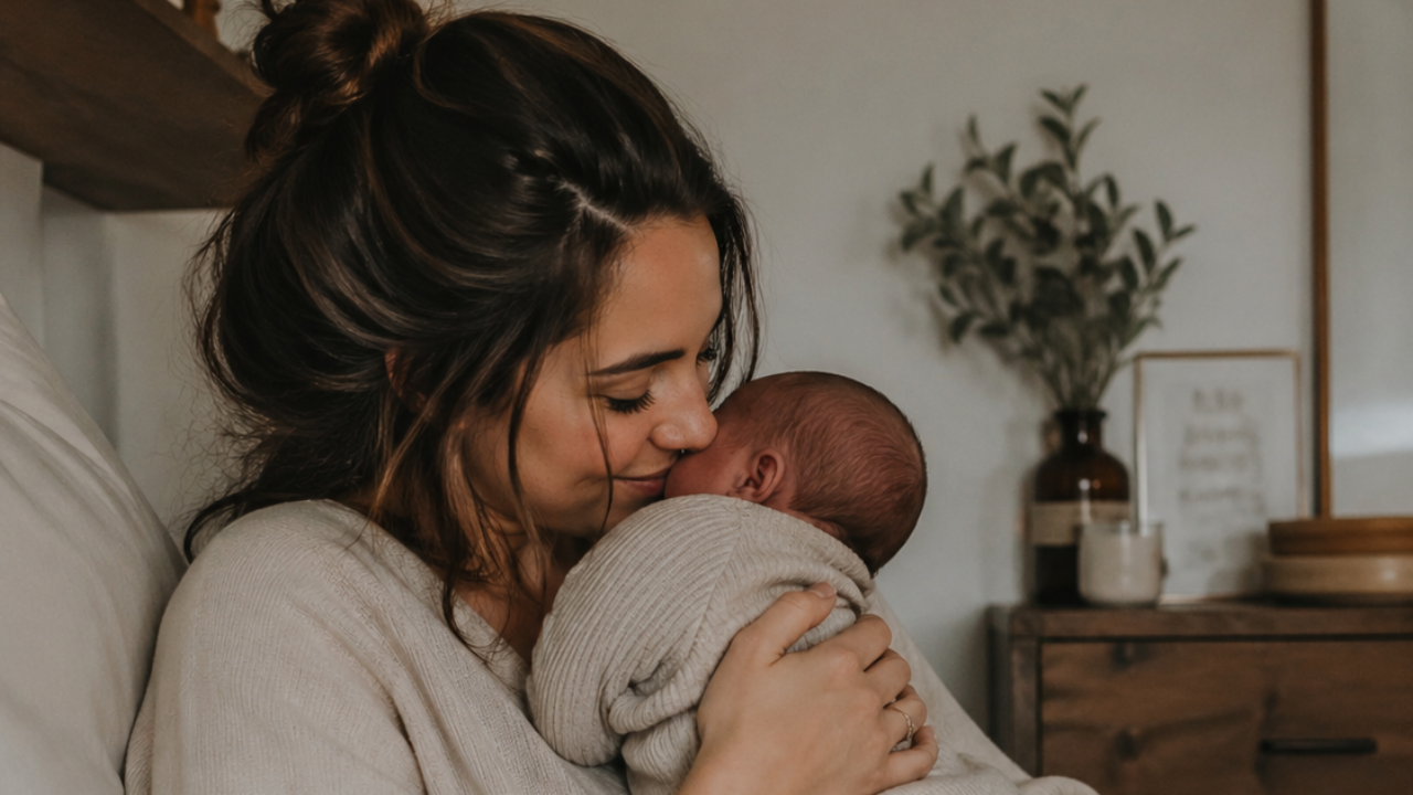 A tired but tender new mother sits on a bed in soft natural light, holding her newborn close against her chest. She gently presses her face to the baby’s head, eyes closed in a quiet, intimate moment. Both are dressed in simple, neutral clothing, with a relaxed, lived-in bedroom in the background - capturing the raw, heartfelt connection of early postpartum motherhood.