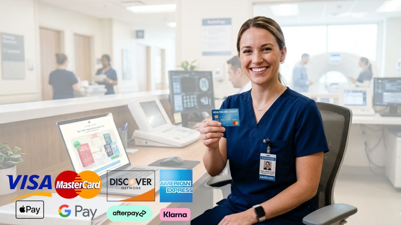 Radiologic technologist holding a credit card while buying ASRT approved CE courses online with Visa, Mastercard, Discover, American Express, Apple Pay, Google Pay, Afterpay, and Klarna payment options.
