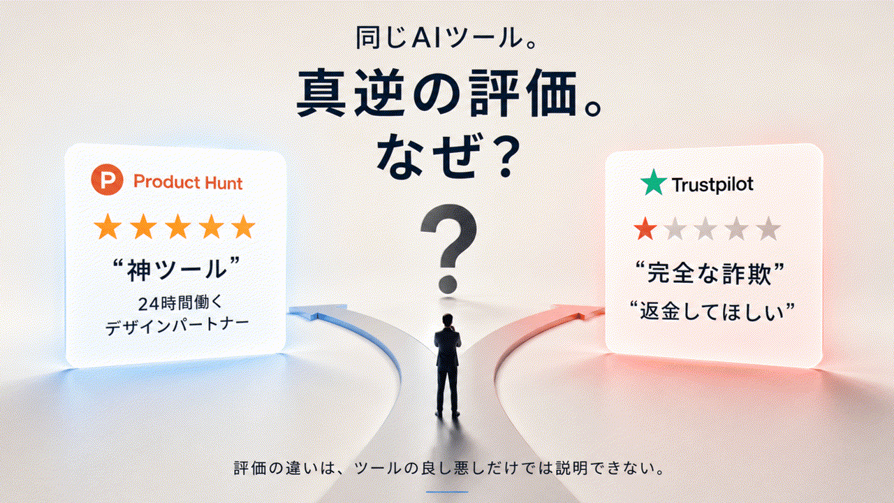 AIツール評価の二極化とJagged Frontierを示す抽象的な図解