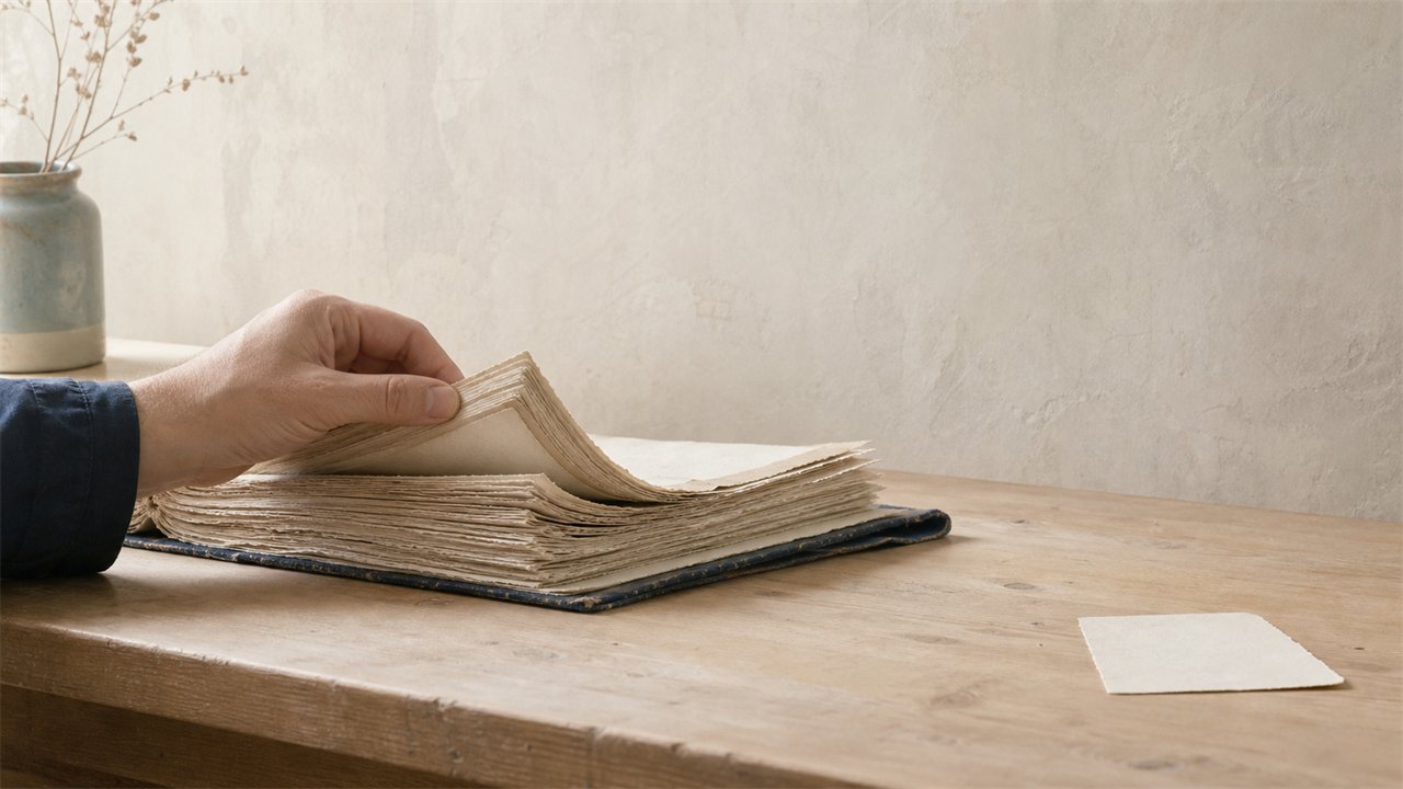 厚い記録の束から、薄い要約ではなく元のページを手で開き直している場面