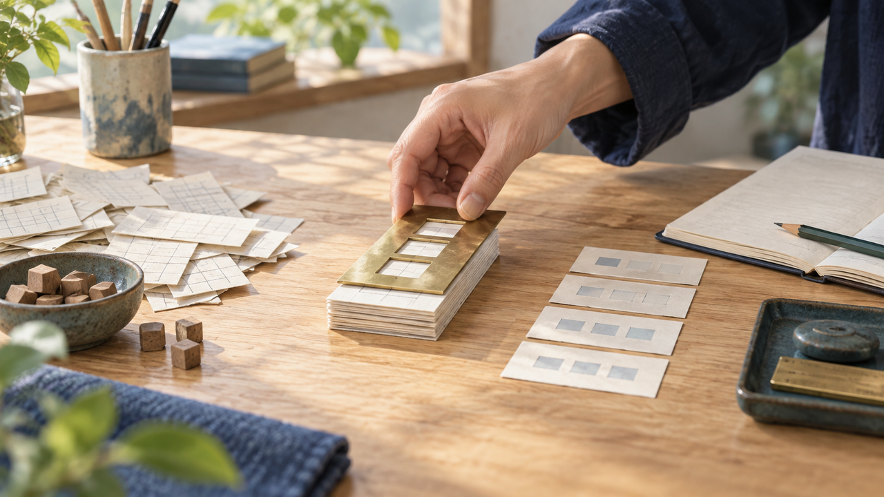 明るい作業台で、手が計算用の紙の束に真鍮の型を置き、結果カードとノートを分けている場面（2026-09-19）