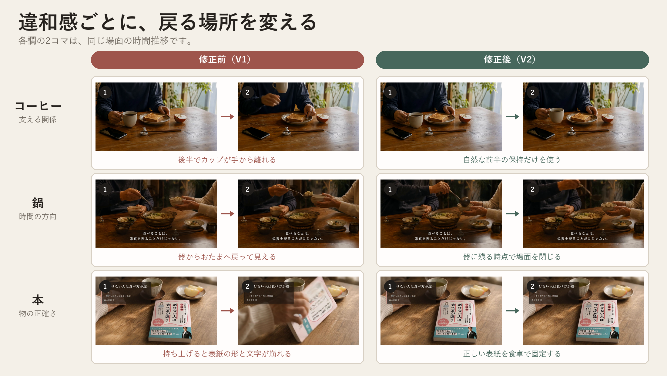 コーヒー、鍋、本の三場面について、修正前と修正後を二コマずつ比較した画像。コーヒーは支えられた低い位置のカップ、鍋は器へ移した食材が残る時間、本は正しい表紙を上にして食卓へ固定した状態を示す。