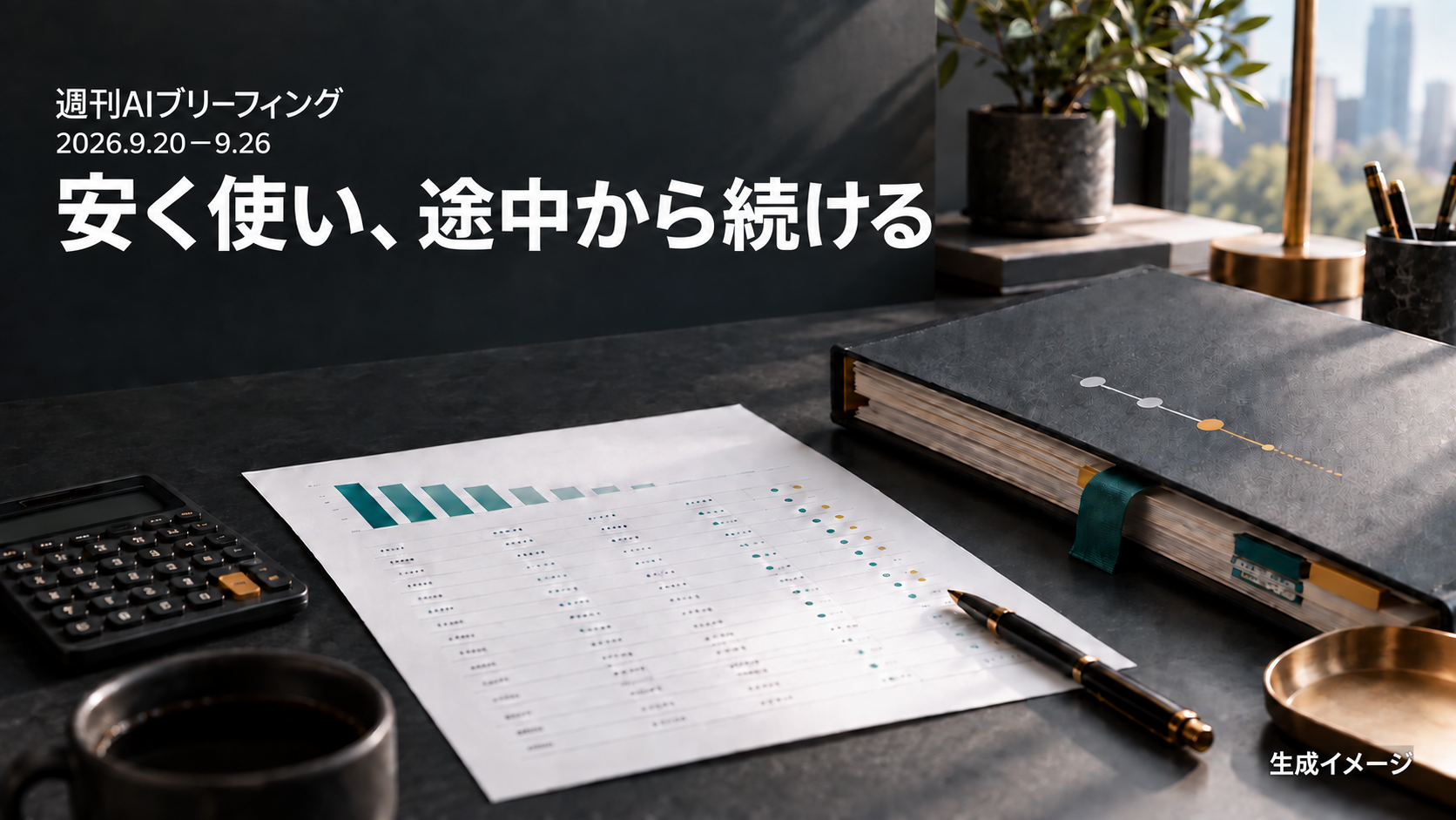週刊AIブリーフィングの表紙。料金比較の書類と中断・再開する仕事のファイルに、安く使い途中から続けるという見出しが載る