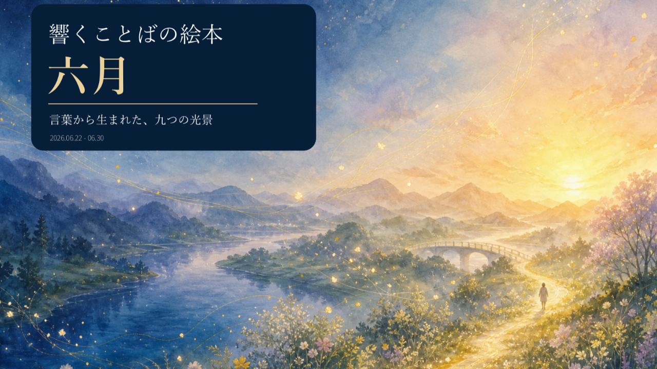 響くことばの絵本 六月号。青い夜から金色の朝へ続く川と道の表紙